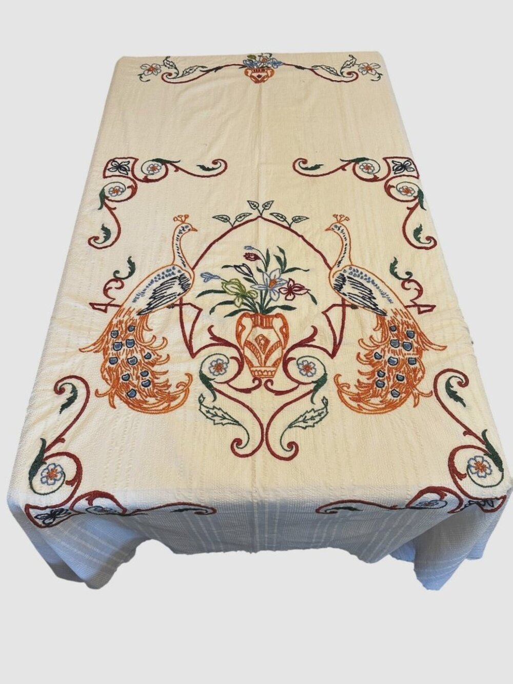 Vintage Hungarian Peacock Embroidered Folk Art Textile Tablecloth Tapestry 90x70